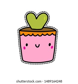 Cute cactus hear form in pink pot hand drawn vector illustration sticker in cartoon style kawaii minimalism