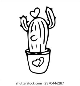 Cute cactus with a heart. Romantic illustration. Vector hand-drawn doodles. Template design, sketch, icon, clipart.