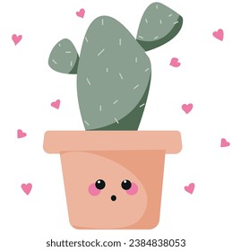Cute cactus house plant vector illustration with face and hearts