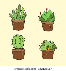 Cute Cactus icon sets. Vector hand drawn illustration