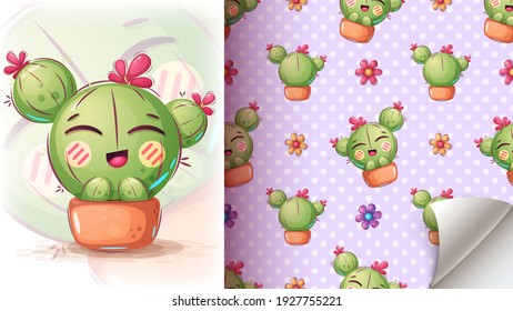 Cute cactus illustration - seamless pattern. Vector eps 10