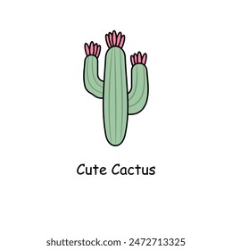 Cute cactus isolated on white background.  Desert spiny plant, mexico cacti flower and tropical home plants, succulents