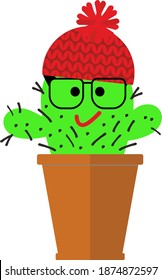 cute cactus in a knitted hat in a ceramic pot
