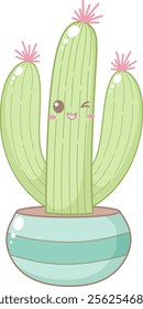 Cute Cactus With Little Pink Flower in Blue Stripe Pot. Simple House Plant Cacti Illustration.