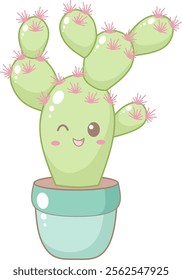 Cute Cactus With Little Pink Flower in Blue Pot. Simple House Plant Cacti Illustration.