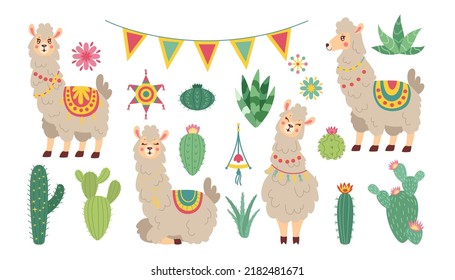 Cute cactus and llamas. Summer alpaca animal and baby succulent, peru or chile lama kid, patterned blankets. Childish nursery or textile decor vector decoration set on white background