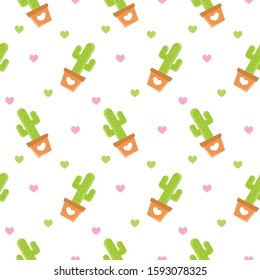Cute cactus love pattern on white, Simple vector repeating texture. background for textile, print and other uses.