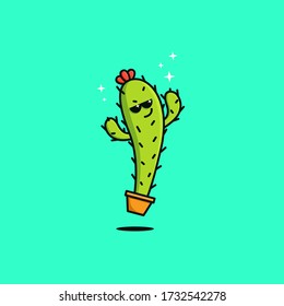 Cute cactus mascot character. Vector illustration of cocky cactus with sunglasses. Mascot logo of cute cactus cartoon.