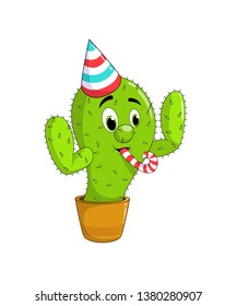 Cute cactus mascot in a party hat holding. Funny happy plant character. Cartoon vector Illustration. Isolated on white background.