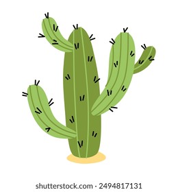 Cute cactus. Mexican green plant with spines. Element of the desert and southern landscape. Succulent in the yellow earth. Vector cartoon flat illustration.