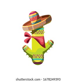 cute cactus with mexican hat on white background vector illustration design