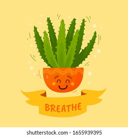 Cute cactus with a motivating phrase in a cartoon style. Vector. Poster, poster, print, sticker, greeting card, banner, quote, phrase, printing on t-shirt