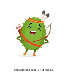 Cute cactus native American Indian, funny plant character in headdress of feathers with a bow and arrow cartoon vector Illustration