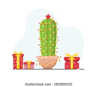 Cute cactus with new year garlands and gifts. Feliz navidad. Merry Christmas. Vector illustration in flat style. Design for greeting cards or web banner.