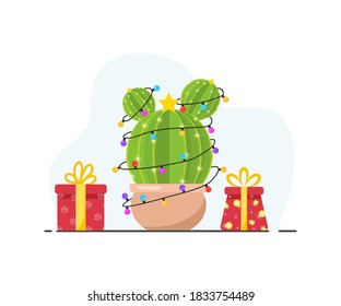 Cute cactus with new year garlands and gifts. Feliz navidad. Merry Christmas. Vector illustration in flat style. Design for greeting cards or web banner.