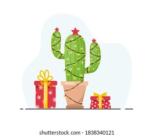 Cute cactus with new year garlands and gifts. Feliz navidad. Merry Christmas. Vector illustration in flat style. Design for greeting cards or web banner.