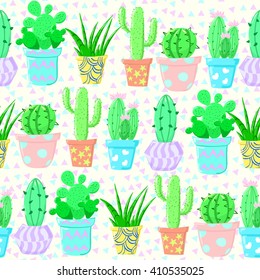 Cute cactus on a beige background.Vector seamless pattern