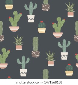 Cute cactus on black background seamless pattern