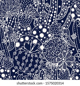 Cute cactus on a blue background. Retro seamless vector pattern.