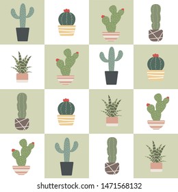 Cute cactus on green and white background seamless pattern