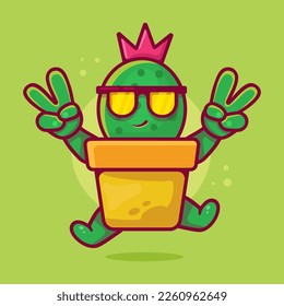cute cactus on pot character mascot with peace sign hand gesture isolated cartoon in flat style design 