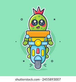 cute cactus on pot character mascot riding scooter motorcycle isolated cartoon
