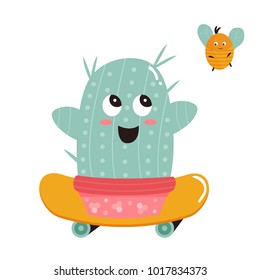 Cute cactus on skateboard and bumblebee. For t shirt prints, invitations for baby showers, birthday