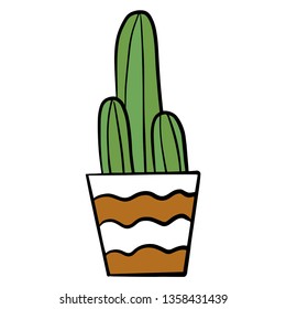 Cute cactus in an ornamented pot in cartoon style. Hand drawn vector illustration. Pottery with geometrical ornament.