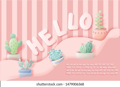 Cute cactus paper cut style for banner promotion hello vector illustration