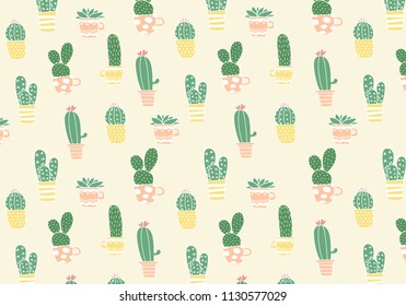 Cute cactus patten background. Cactus and succulents with cute cup on pastel background. Vector illustration.