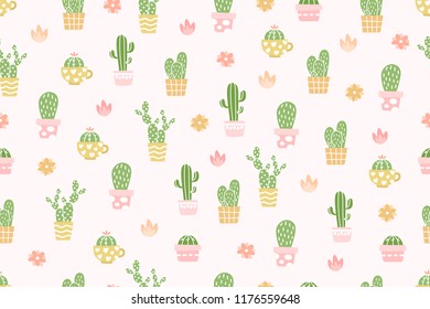 Cute cactus pattern background. Cactus in sweet pots. Vector illustration.