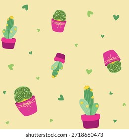 Patrón lindo del cactus con las ollas rosadas y el fondo pastel suave en estilo plano juguetón del Vector