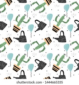 Cute cactus pattern with seamless childish drawing style. Vector illustration trendy nursery background.
