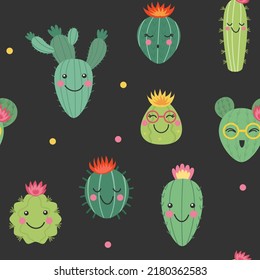 Cute cactus pattern. Summer flower print with plants, bright peru succulent and ficus exotic desert floral background. Decor textile, wrapping paper. Childish vector illustration template