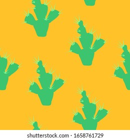 Cute cactus pattern with thorns, home plant. Cartoon cactus on a yellow background. Vector illustration.