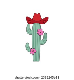 Cute cactus with pink cowboy hat. Vector illustration in retro cartoon style on isolated background