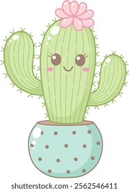 Cute Cactus With Pink Flower in Blue Polkadot Pot. Simple House Plant Cacti Illustration.