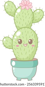 Cute Cactus With Pink Flower in Blue Pot. Simple House Plant Cacti Illustration.