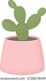 Cute cactus in pink pot isolated on white background. Illustration with green houseplant 	