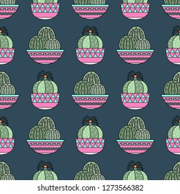 Cute cactus in pink pots pattern vector illustration