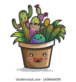 Cute cactus plant with happy face vector illustration.