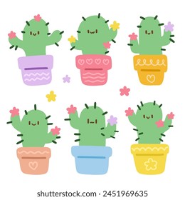 Cute cactus plant with happy face vector illustration set.