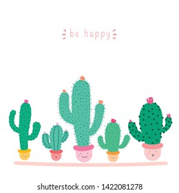 Cute cactus plant with happy faces in pots, Kawaii cactus for kids, Vector illustration.