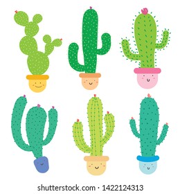 Cute cactus plant with happy faces in pots, Kawaii cactus for kids, Vector illustration.