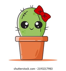 Cute cactus plant in pot with hair ribbon, Valentines day greeting card design