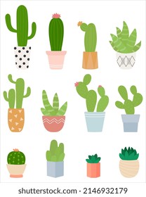 Cute cactus plant in pots.  Indoor plants in a flat style. Vector illustration set.