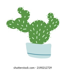 Cute cactus plant with thorns in pot. Hand-drawn desert tropical cactus with spines and flowers. Colored flat cartoon vector illustration isolated on white background