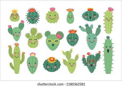 Cute cactus plants. Kawaii cacti flowers, happy face characters, summer thorn garden and houseplants. Prickly succulents and ficuses smile. Stickers collection. Vector illustration set