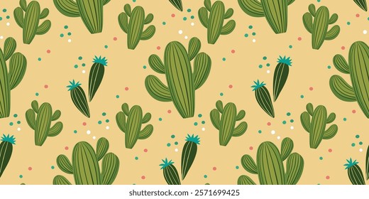 Cute Cactus Plants Seamless Pattern On Yellow Background. Flat Green Cactus Plant Vector Design
