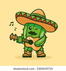 Cute Cactus Jugando Música De Guitarra Con Ilustración De Icono De Vector De Sombrero. Icono de vacaciones naturales Concepto de PremiumVector aislado. Estilo de dibujo plano